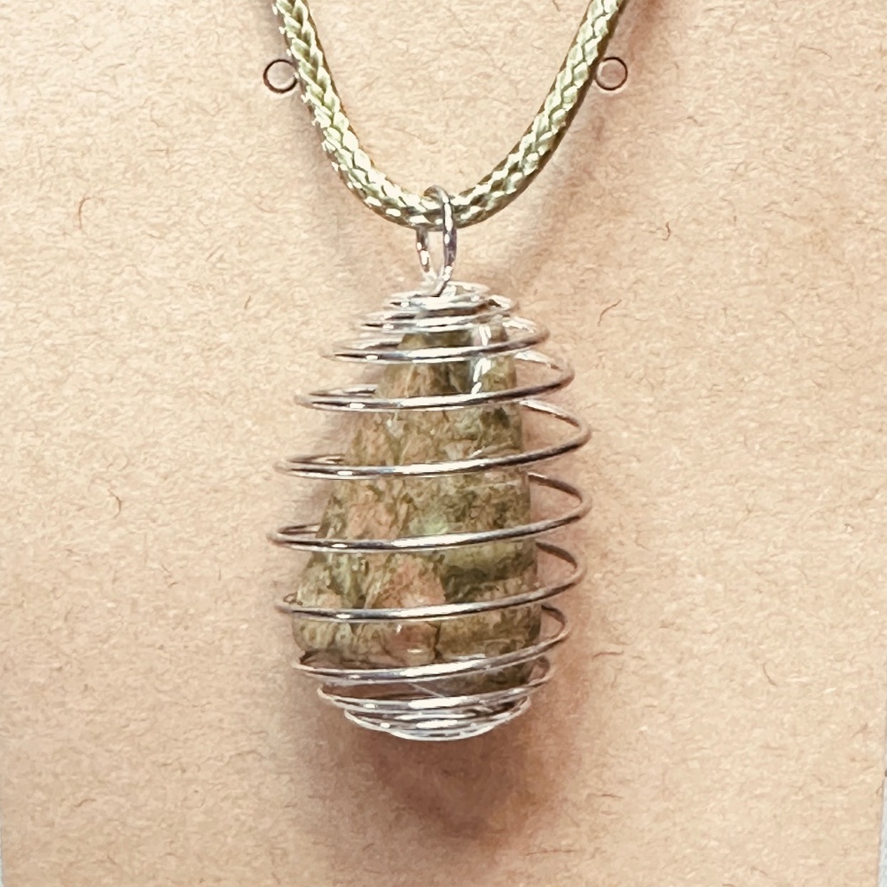 925 Sterling Silver Plated Unakite Crystal in Spiral Wire Wrapped Cage New